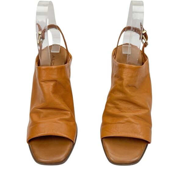 Aldo Tan Leather Open Toe Block High Heel Slingback Sandals Sz 6.5 Comfort Soft - Picture 2 of 14
